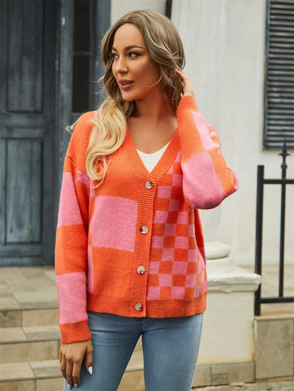 Checkerboard Colorblock Knit Cardigan - Oversized Fit