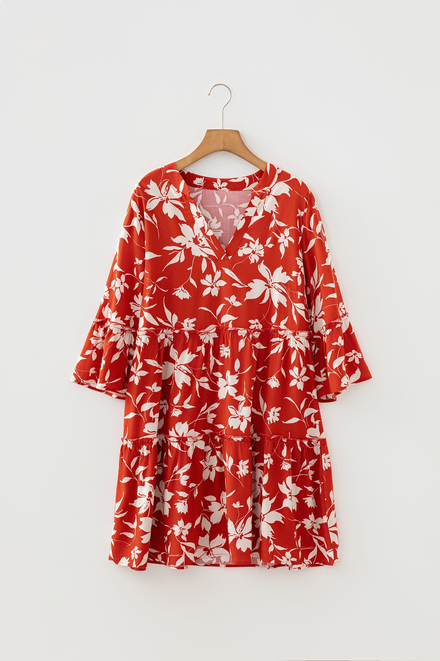 Blue Boho Floral Print Lettuce Trim 3/4 Sleeve Mini Dress
