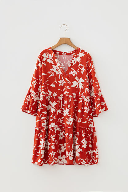 Blue Boho Floral Print Lettuce Trim 3/4 Sleeve Mini Dress
