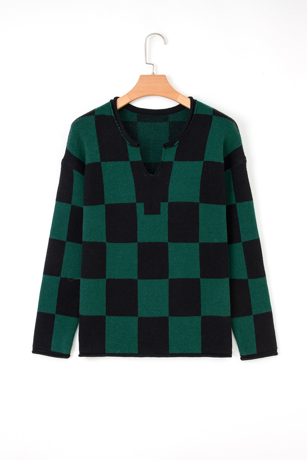 Women's Checkered Knit Sweater with Notched Neck