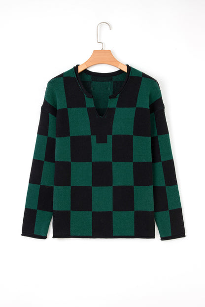 Women's Checkered Knit Sweater with Notched Neck