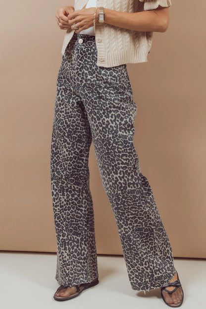Black Leopard Print Wide Leg High Waist Jeans