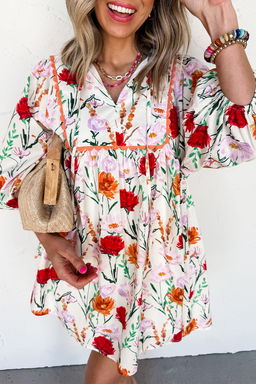 Easter Floral Ricrac Trim Puff Sleeve Mini Dress