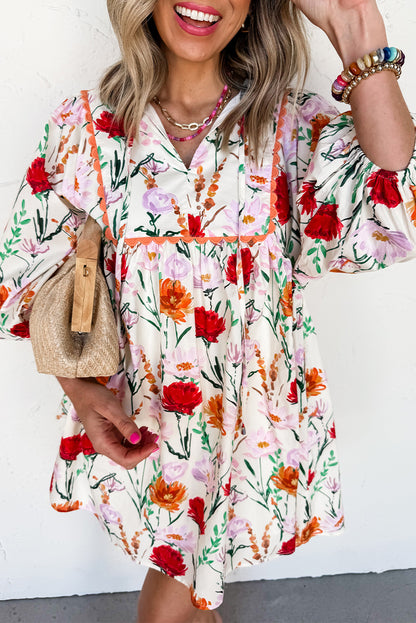 Easter Floral Ricrac Trim Puff Sleeve Mini Dress