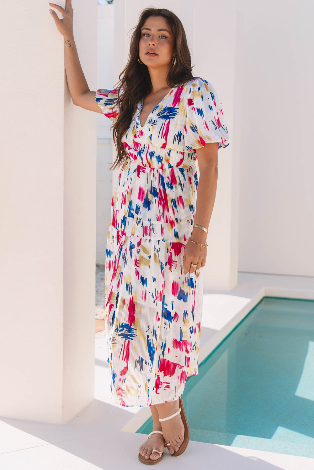 Abstract Print Puff Sleeve V Neck Tiered Maxi Dress