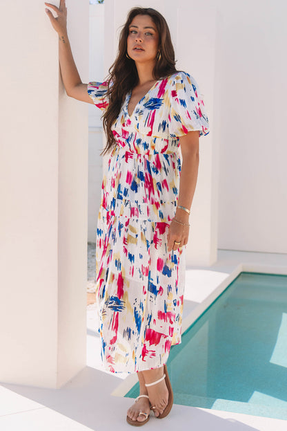Abstract Print Puff Sleeve V Neck Tiered Maxi Dress