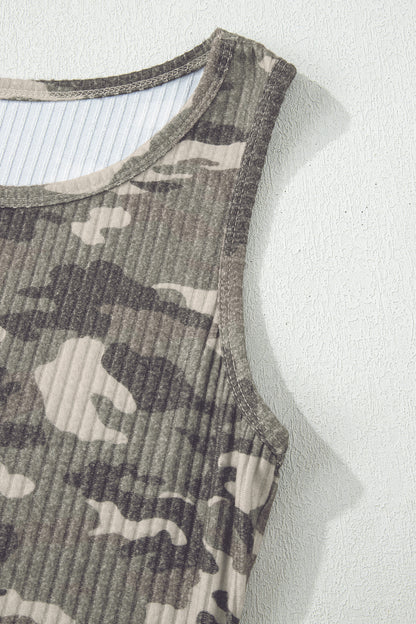 Green Camo Ribbed Knit Scoop Neck Tank Top