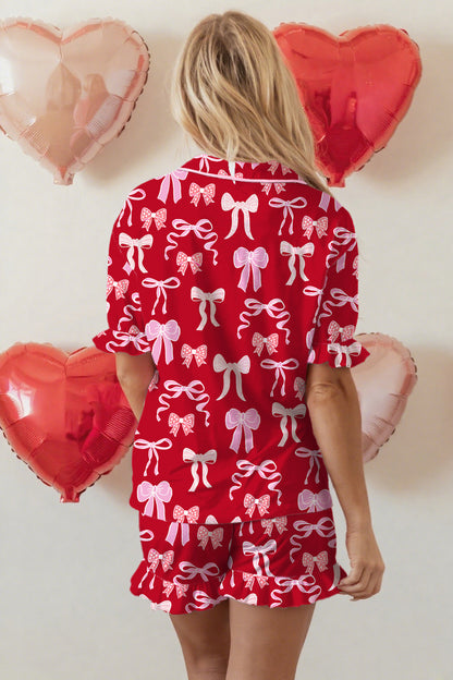 Valentine Red Bow Print Ruffle Pajama Shorts Set for Women