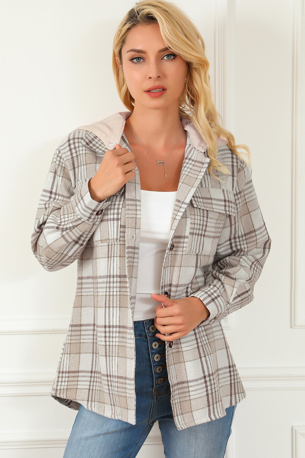 Neutral Khaki Plaid Oversized Shacket with Removable Hood