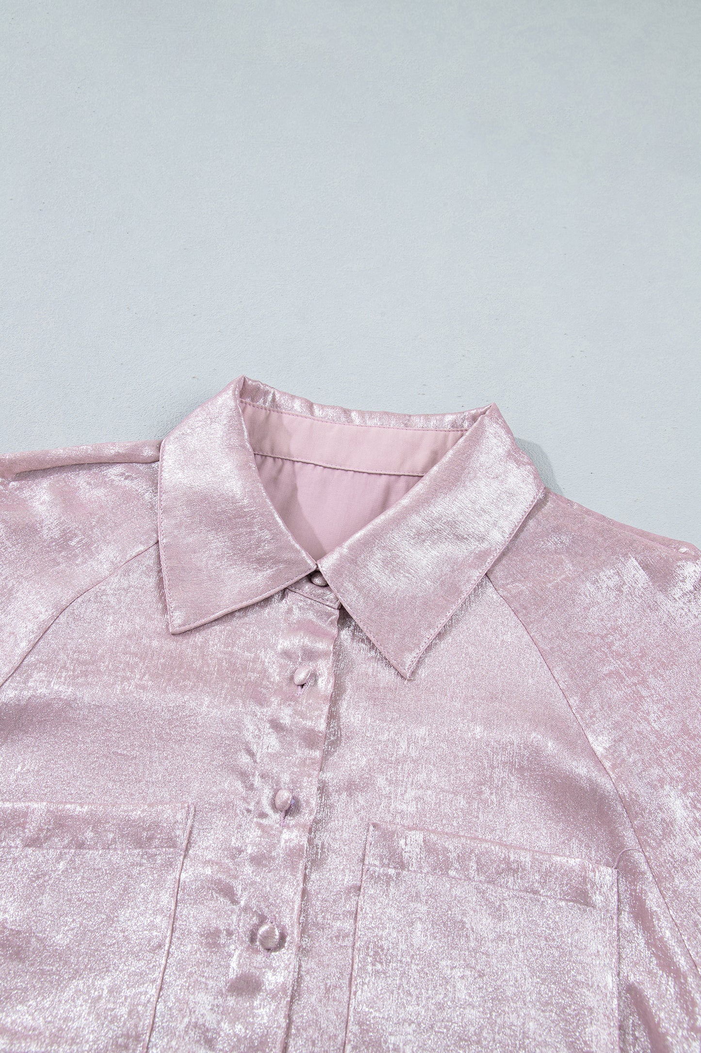 Delicacy Metallic Button Down Satin Blouse with Smocked Cuffs