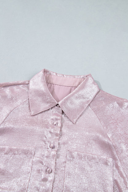 Delicacy Metallic Button Down Satin Blouse with Smocked Cuffs