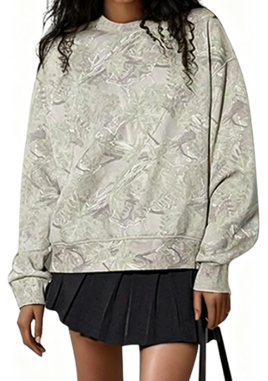 Women's Oversized Leaf Print Crewneck Sweatshirt