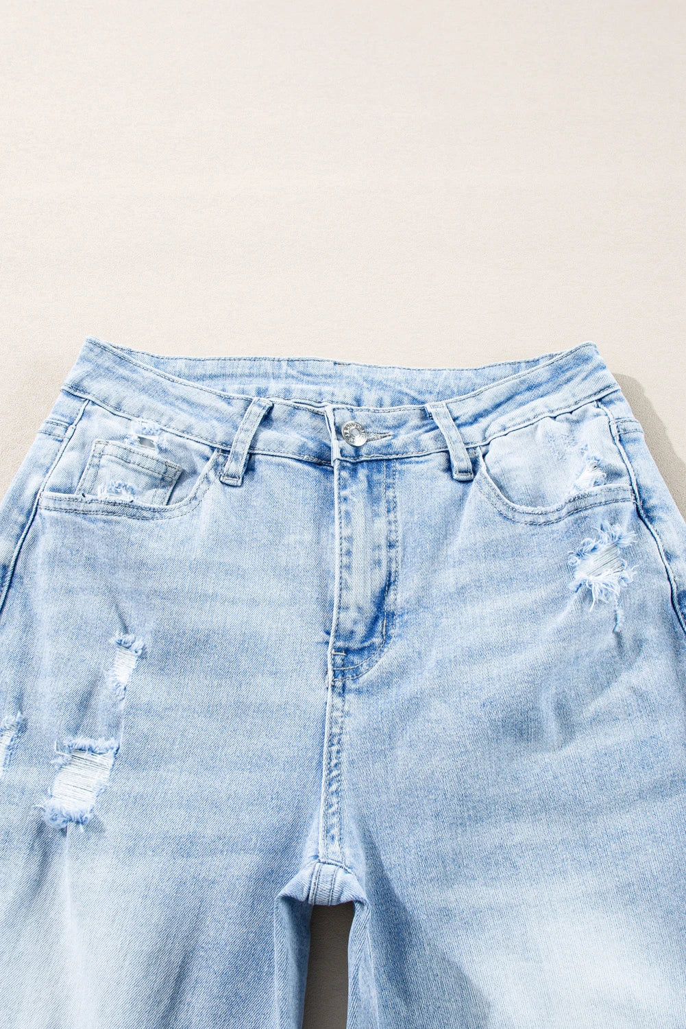 Light Wash Distressed Straight Leg Jeans Raw Hem Denim