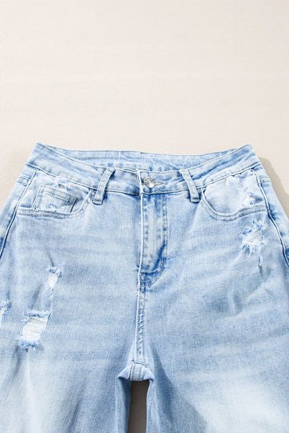 Light Wash Distressed Straight Leg Jeans Raw Hem Denim