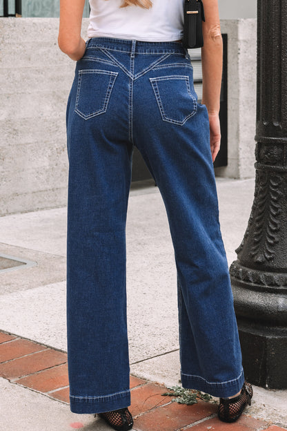 Sail Blue Stitched High Waist Loose Cuffed Jeans
