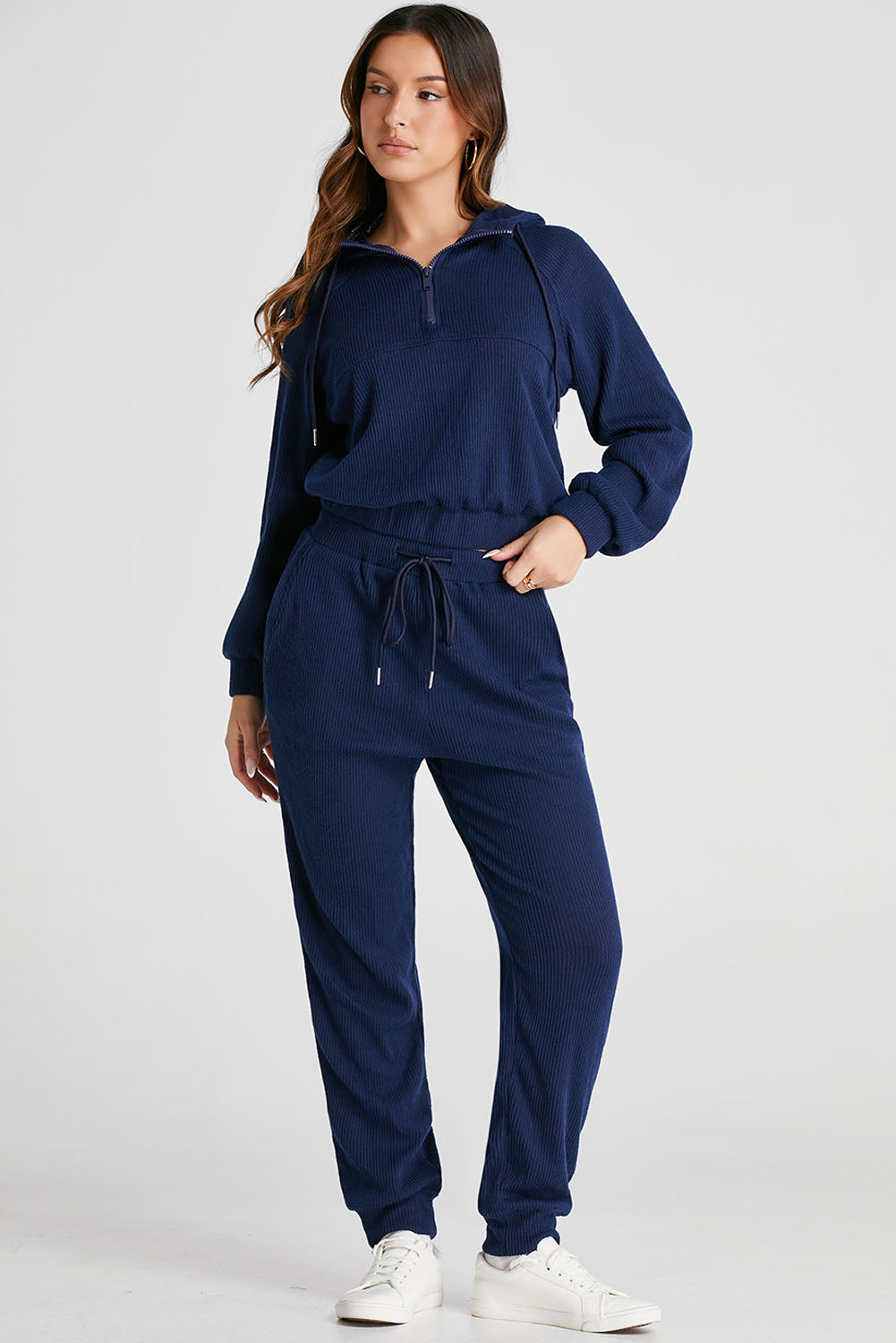 Navy Blue Ribbed Knit Cropped Hoodie and Drawstring Joggers Set