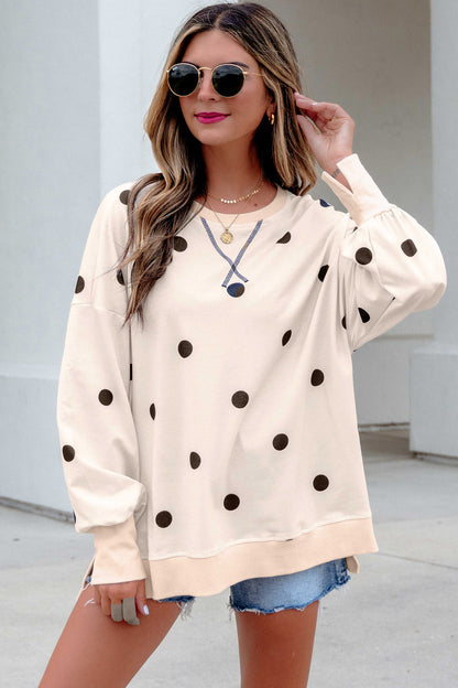 Polka Dot Oversized Long Sleeve Tee Split Hem