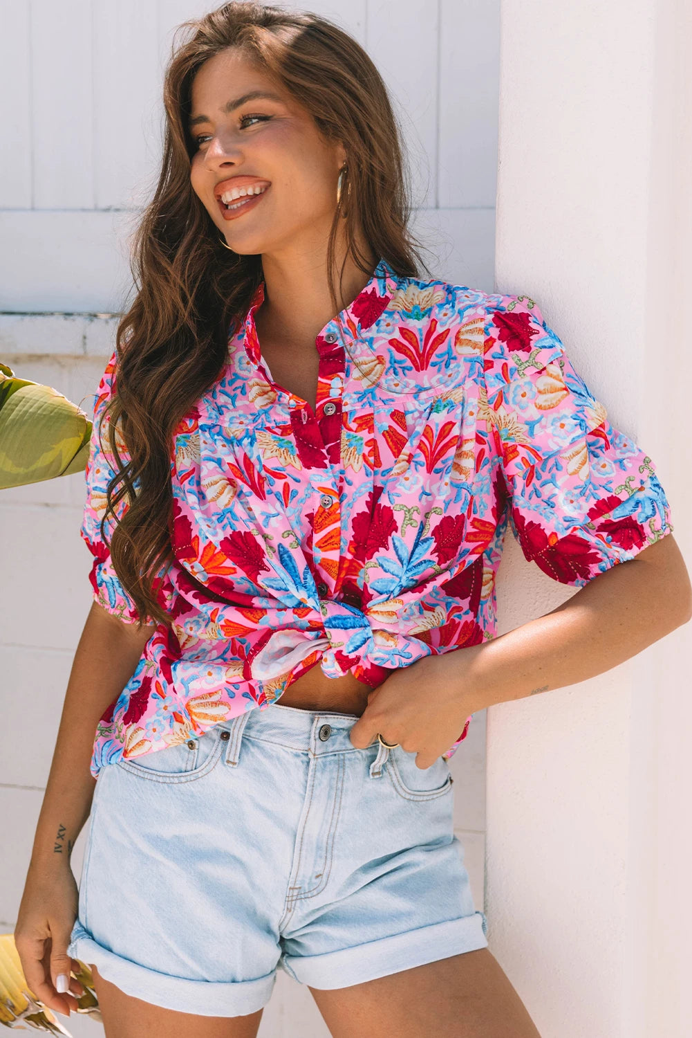 Pink Floral Print Bubble Sleeve Button Up Pleated Shirt
