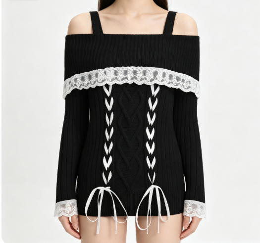 Women's Off Shoulder Lace Up Corset Knit Sweater