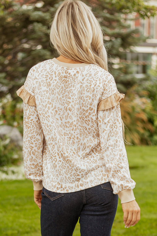 Khaki Leopard Ruffle Detail Ribbed Trim Round Neck Sweatshirt