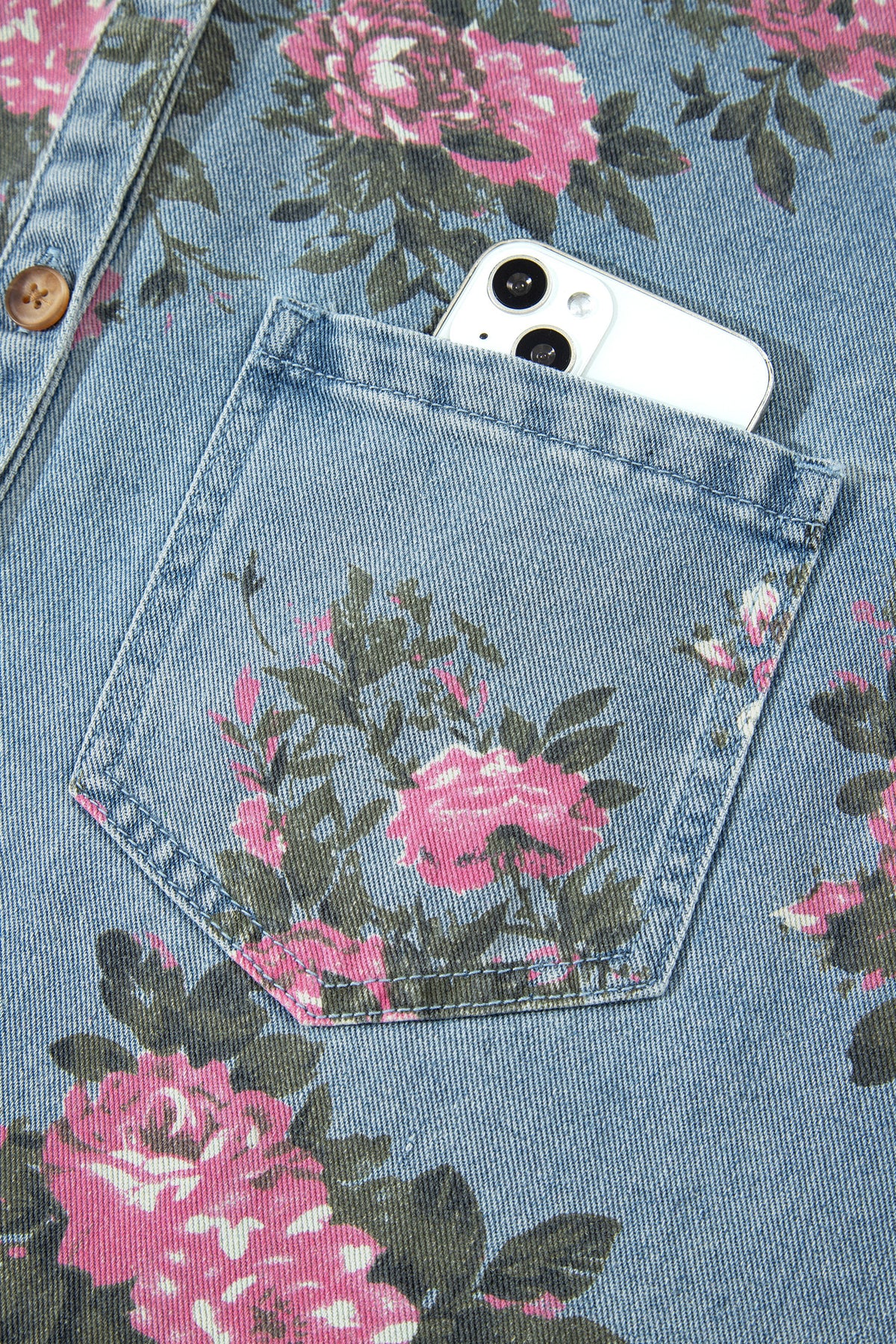 Floral Denim Jacket Ruffle Hem Puff Sleeve Cropped