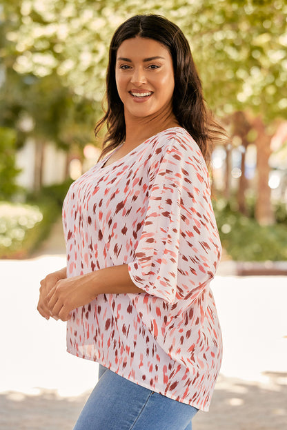 Pink Printed 3/4 Dolman Sleeve Plus Size Blouse