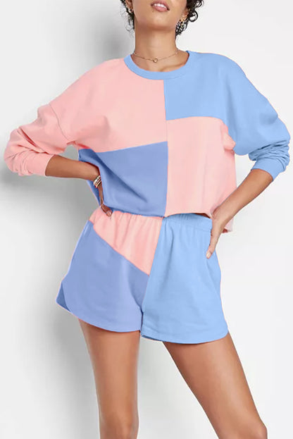 Peach Blossom Colorblock Patchwork Long Sleeve Shorts Outfit