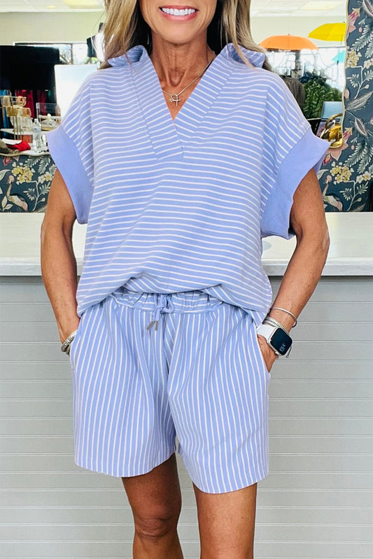 Striped V Neck Lounge Set Short Sleeve Top and Shorts