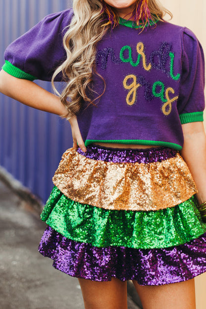 Purple Mardi Gras Tinsel Letter Short Sleeve Sweater Top