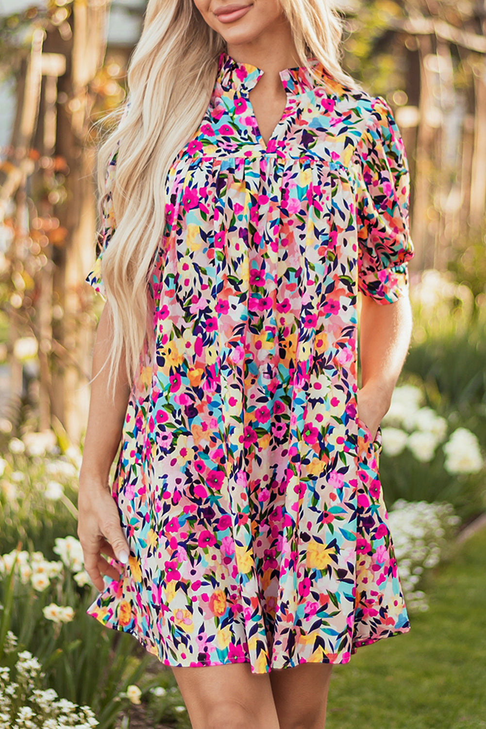 Pink Floral Puff Sleeve V Neck Mini Dress