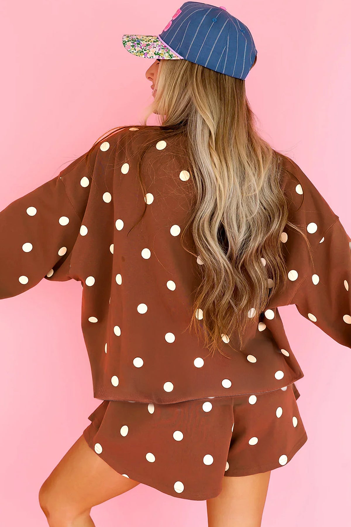 Brown Polka Dot Sweatshirt Skort Two Piece Set