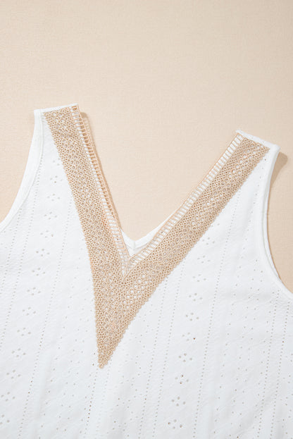 White Lace Crochet V Neck Tank Top Boho Eyelet Blouse
