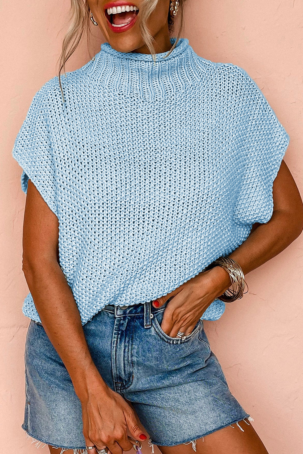 Iceland Blue Knit Sweater Top with Mock Neck & Cap Sleeves