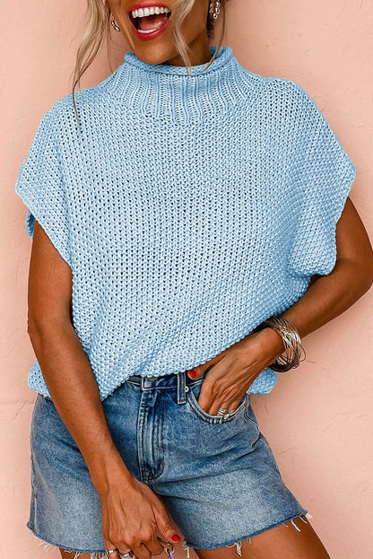 Iceland Blue Knit Sweater Top with Mock Neck & Cap Sleeves