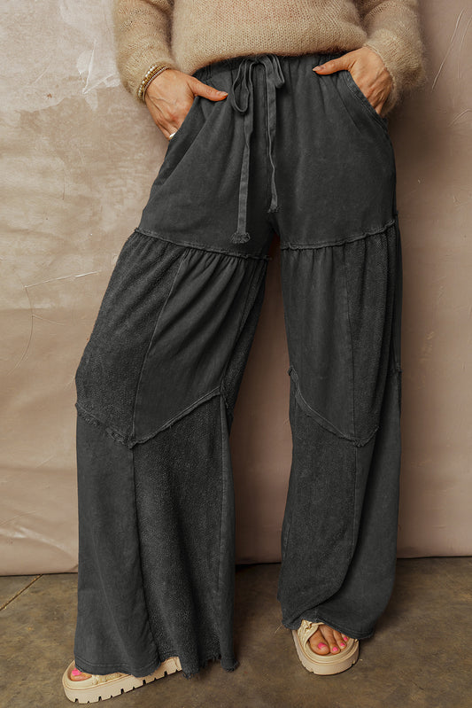 Women's Black Mineral Wash Wide Leg Patchwork Pants