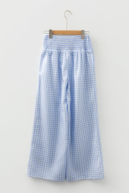 Plaid Smocked High Waist Wide Leg Casual Pants