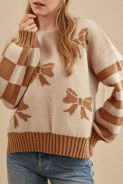 Bow Print Checkered Stripe Sleeve Drop Shoulder Sweater