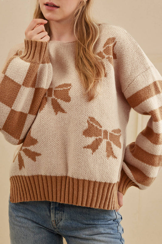 Bow Print Checkered Stripe Sleeve Drop Shoulder Sweater