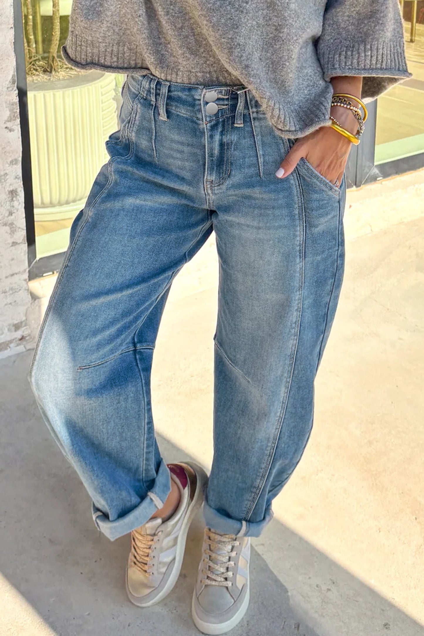 High Rise Seamed Cuffed Barrel Leg Jeans
