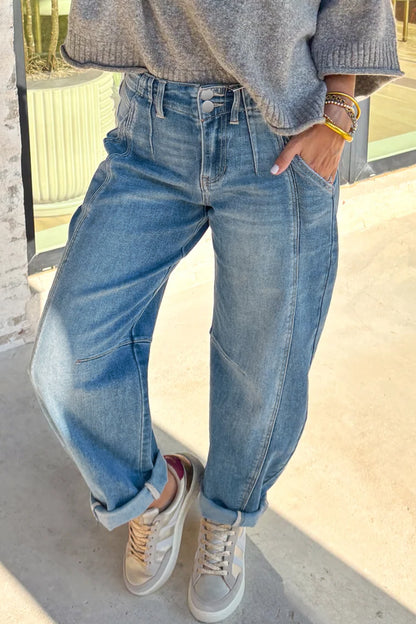 High Rise Seamed Cuffed Barrel Leg Jeans