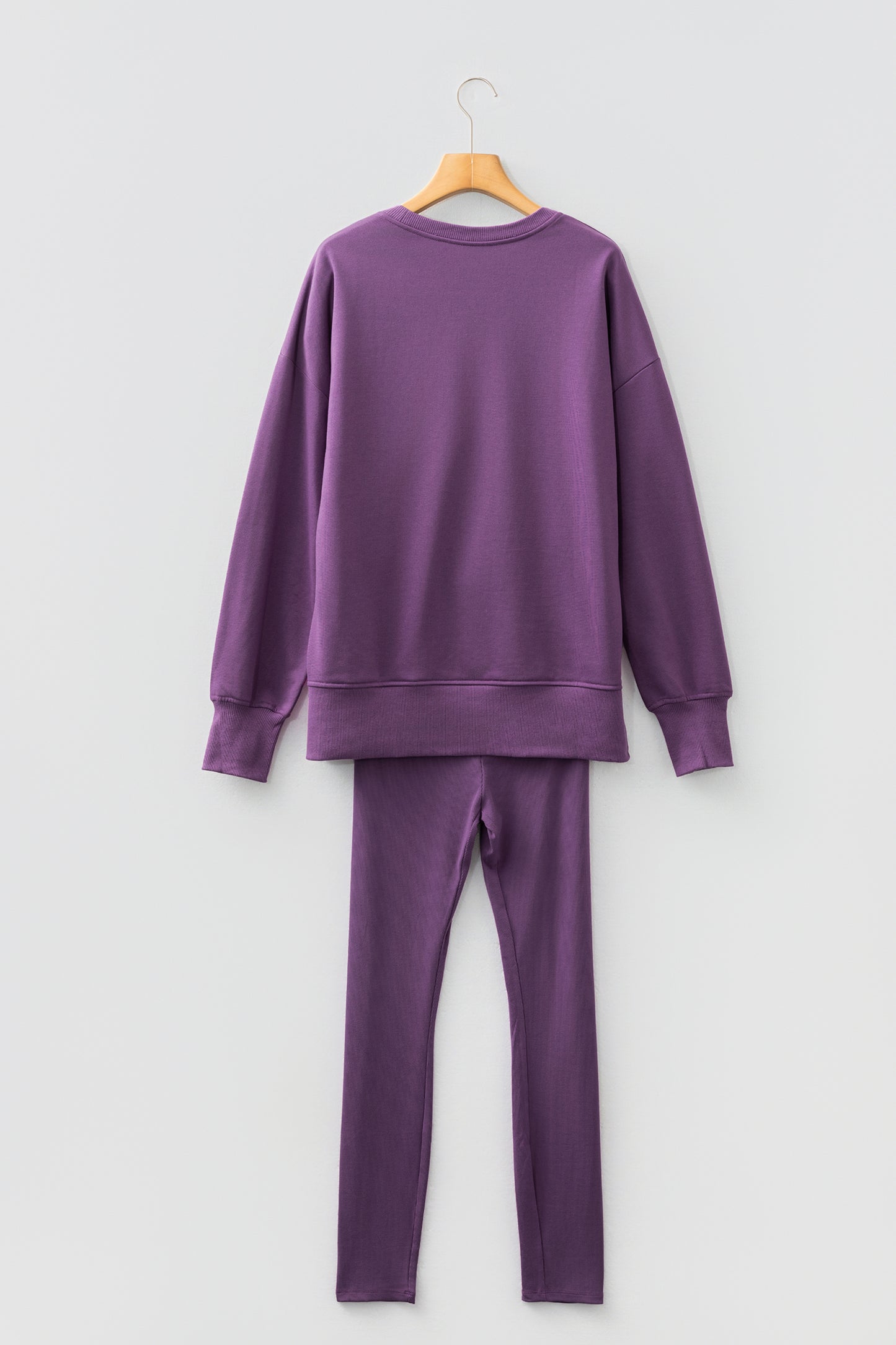 Solid Oversize Slit Sweatshirt with Ribbed Leggings Set