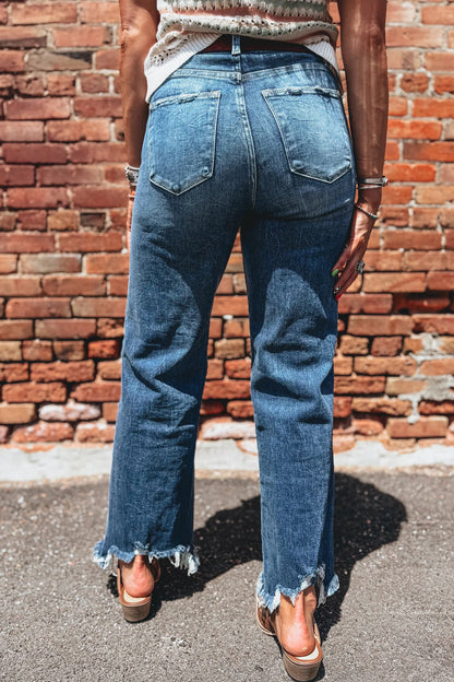 High Waist Flare Jeans Frayed Hem Western Denim Women