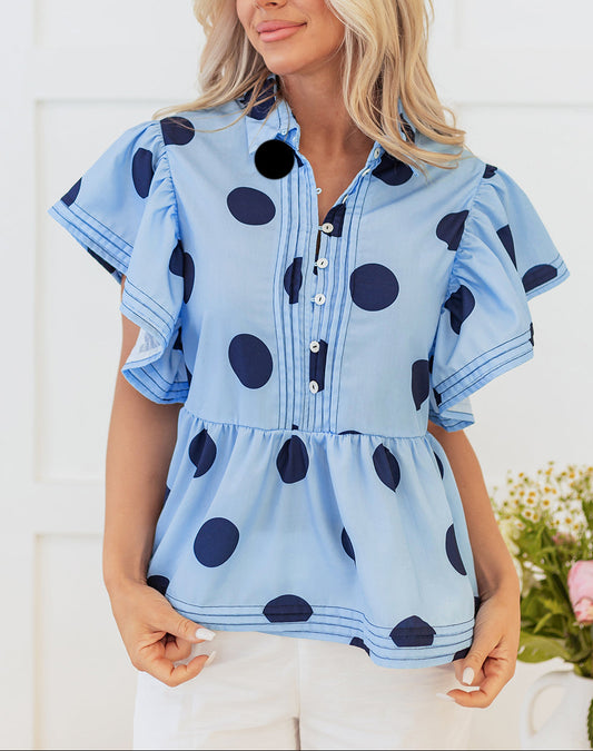 Women Polka Dot Ruffle Sleeve Button Blouse