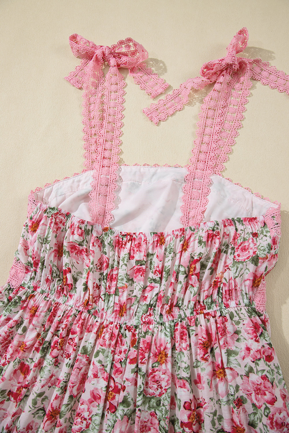 Pink Floral Lace Strap Empire Waist Maxi Dress