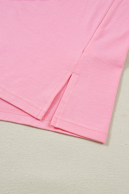 Pink V Neck Puff Sleeve Plus Size Blouse Top