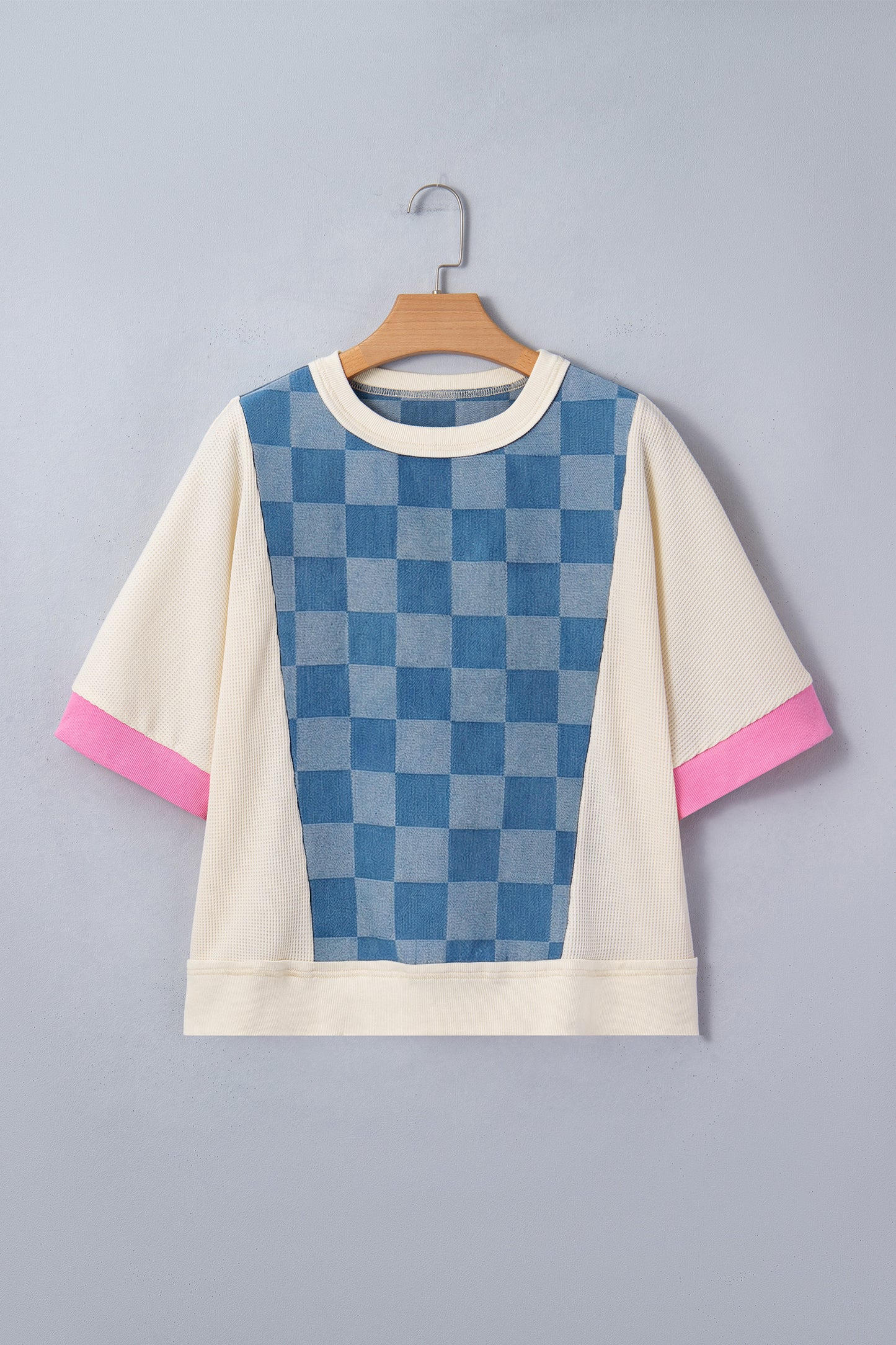 Blue Checkerboard Patchwork Short Sleeve Loose Fit Top