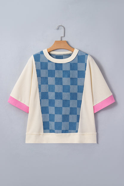 Blue Checkerboard Patchwork Short Sleeve Loose Fit Top