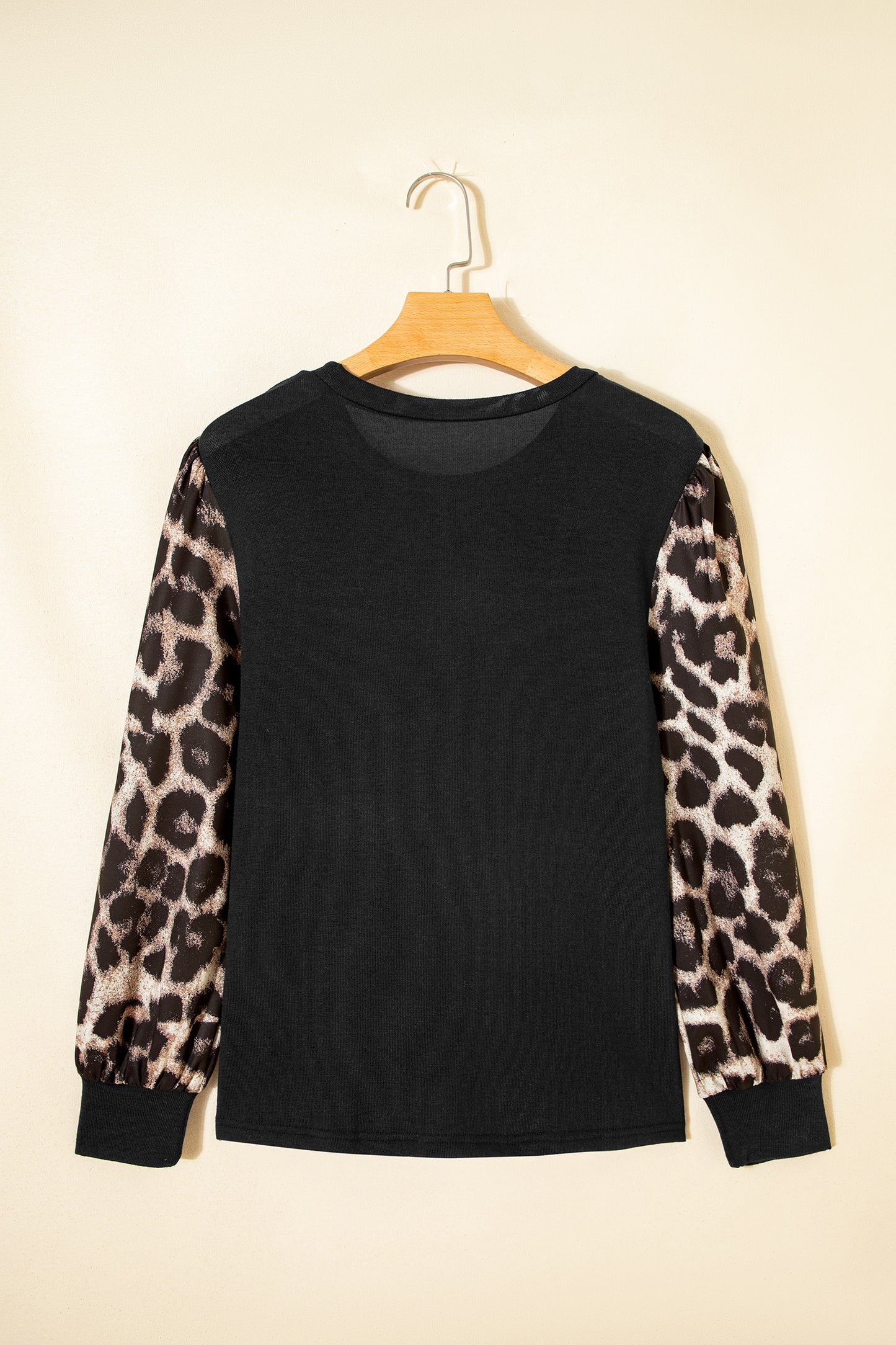 Black Leopard Puff Sleeve Patchwork Casual Top