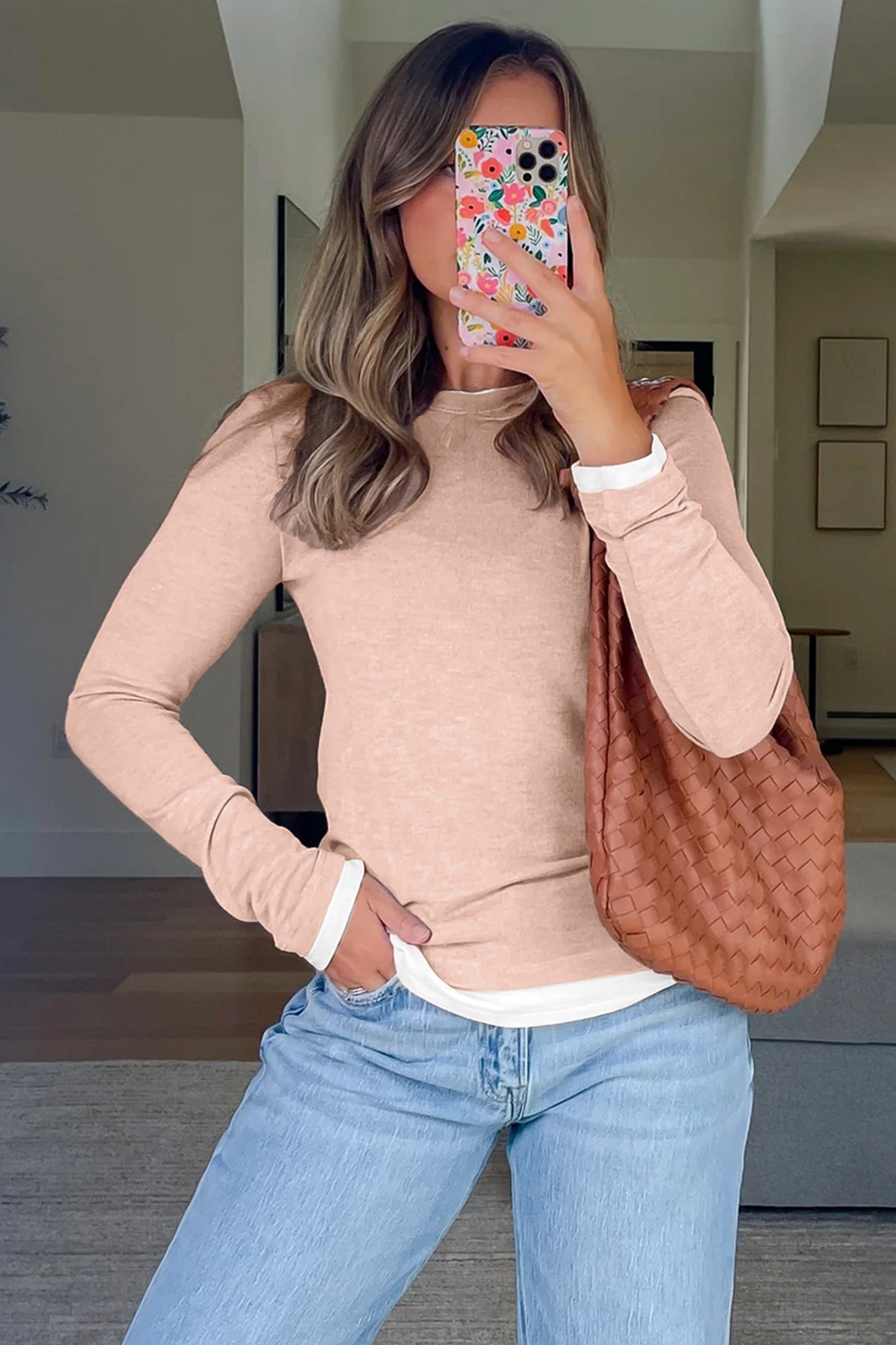 Smoke Gray Color Block False Two Piece Long Sleeve Top