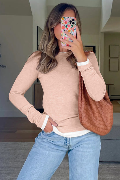 Smoke Gray Color Block False Two Piece Long Sleeve Top